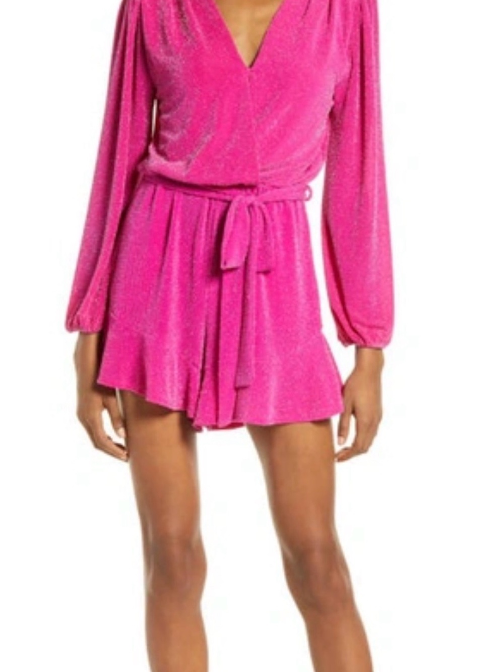 Hot Pink Long Sleeve V-Neck Romper with Tie Waist and flirty skirted shorts - L